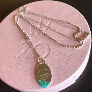 Tiffany & Co color splash oval tag charm on a silver beaded chain necklace.